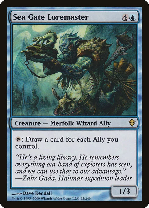 Sea Gate Loremaster, carta Magic di tipo Creature — Merfolk Wizard Ally illustrata da Dave Kendall