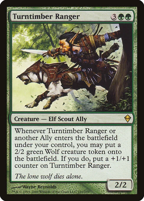 Turntimber Ranger, carta Magic di tipo Creature — Elf Scout Ranger Ally illustrata da Wayne Reynolds