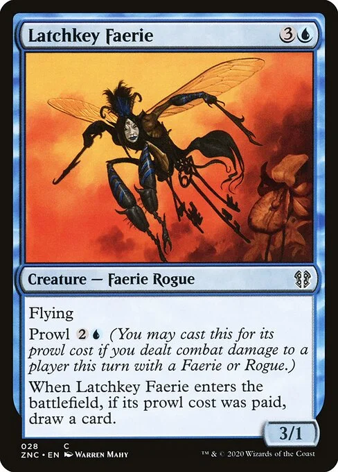 Latchkey Faerie, carta Magic di tipo Creature — Faerie Rogue illustrata da Warren Mahy