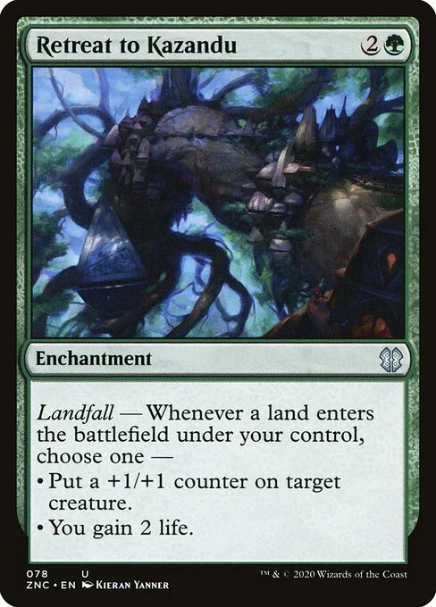 Retreat to Kazandu, carta Magic di tipo Enchantment illustrata da Kieran Yanner