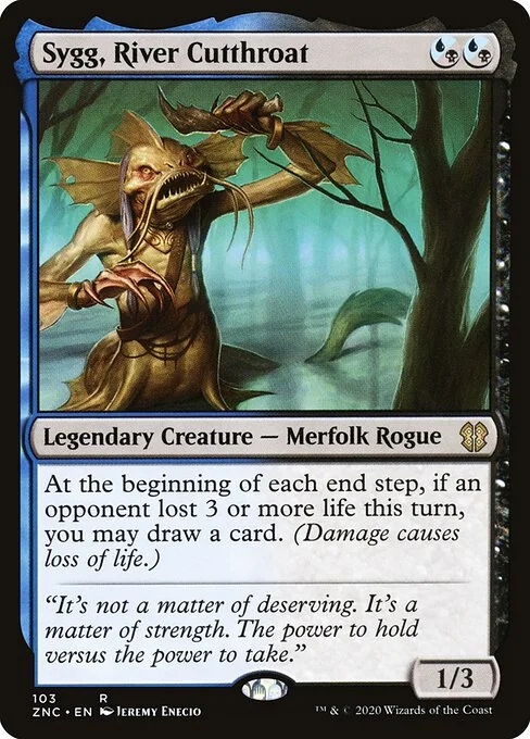 Sygg, River Cutthroat, carta Magic di tipo Legendary Creature — Merfolk Rogue illustrata da Jeremy Enecio