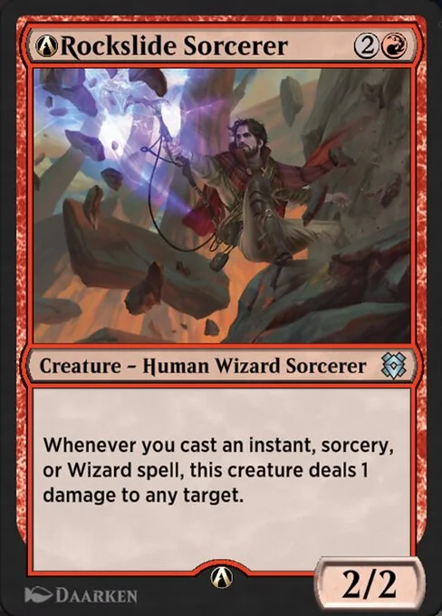 A-Rockslide Sorcerer, carta Magic di tipo Creature — Human Wizard Sorcerer illustrata da Daarken