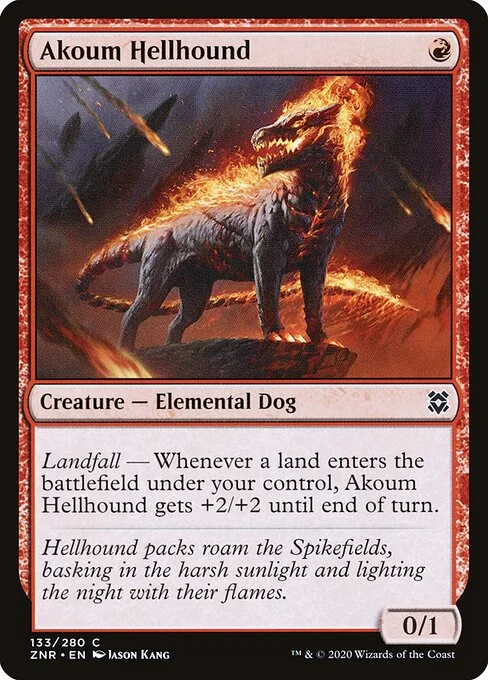 Akoum Hellhound, carta Magic di tipo Creature — Elemental Dog illustrata da Jason Kang