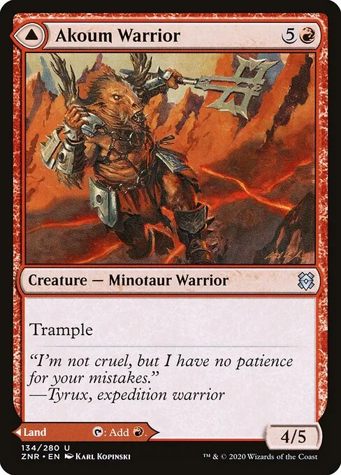 Akoum Warrior // Akoum Teeth, carta Magic di tipo Creature — Minotaur Warrior // Land illustrata da Karl Kopinski