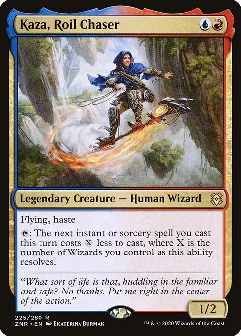 Kaza, Roil Chaser, carta Magic di tipo Legendary Creature — Human Wizard illustrata da Ekaterina Burmak