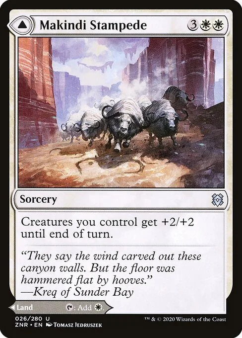 Makindi Stampede // Makindi Mesas, carta Magic di tipo Sorcery // Land illustrata da Tomasz Jedruszek