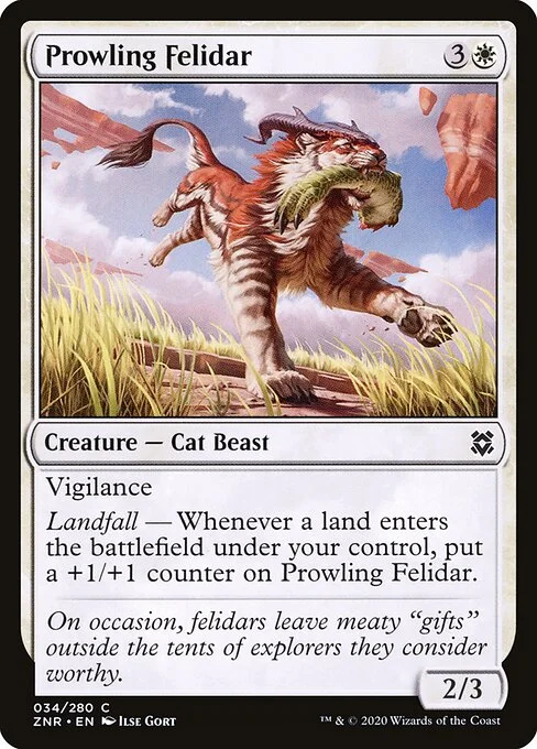 Prowling Felidar, carta Magic di tipo Creature — Cat Beast illustrata da Ilse Gort