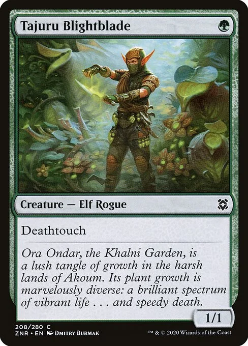 Tajuru Blightblade, carta Magic di tipo Creature — Elf Rogue illustrata da Dmitry Burmak