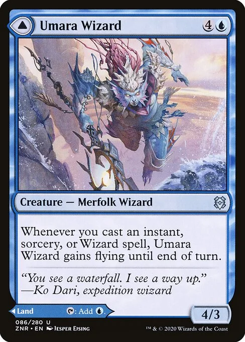 Umara Wizard // Umara Skyfalls, carta Magic di tipo Creature — Merfolk Wizard // Land illustrata da Jesper Ejsing