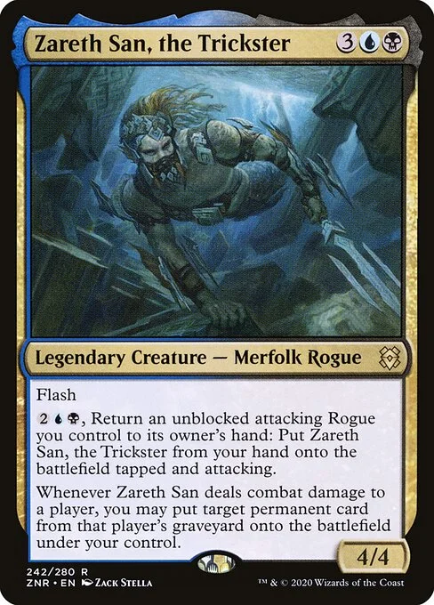 Zareth San, the Trickster, carta Magic di tipo Legendary Creature — Merfolk Rogue illustrata da Zack Stella